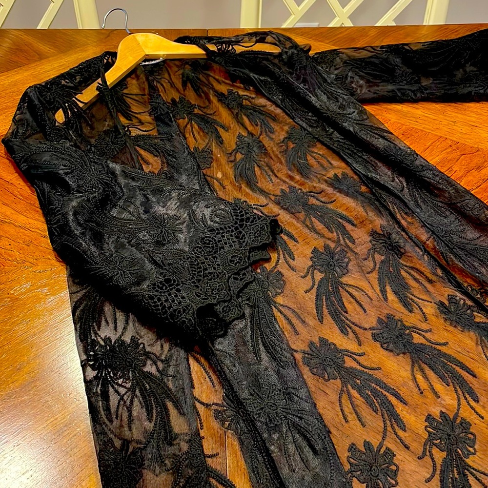 Elegant, long sheer/black lace robe coverup